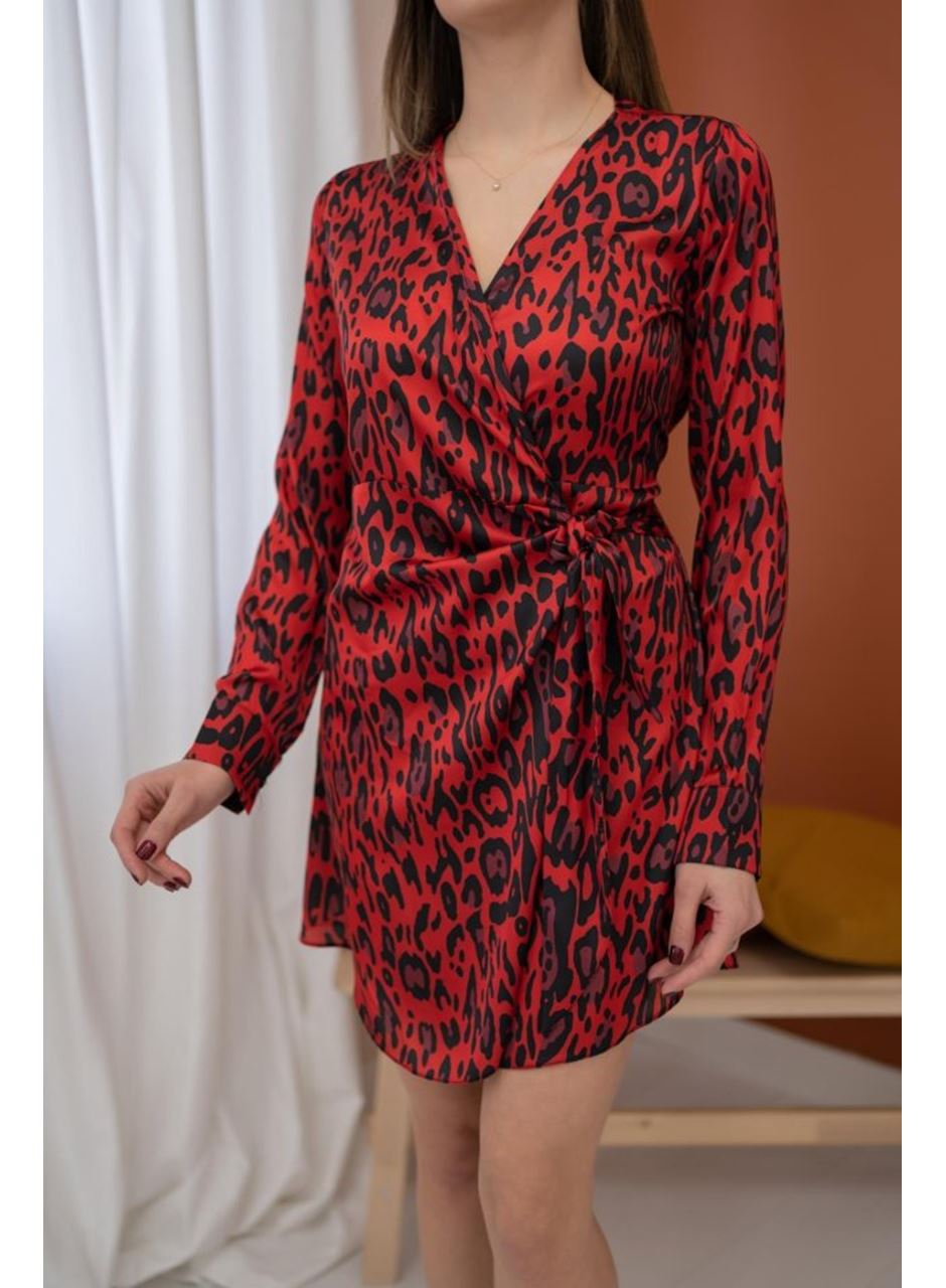Kırmızı Leopar Desenli Saten Elbise