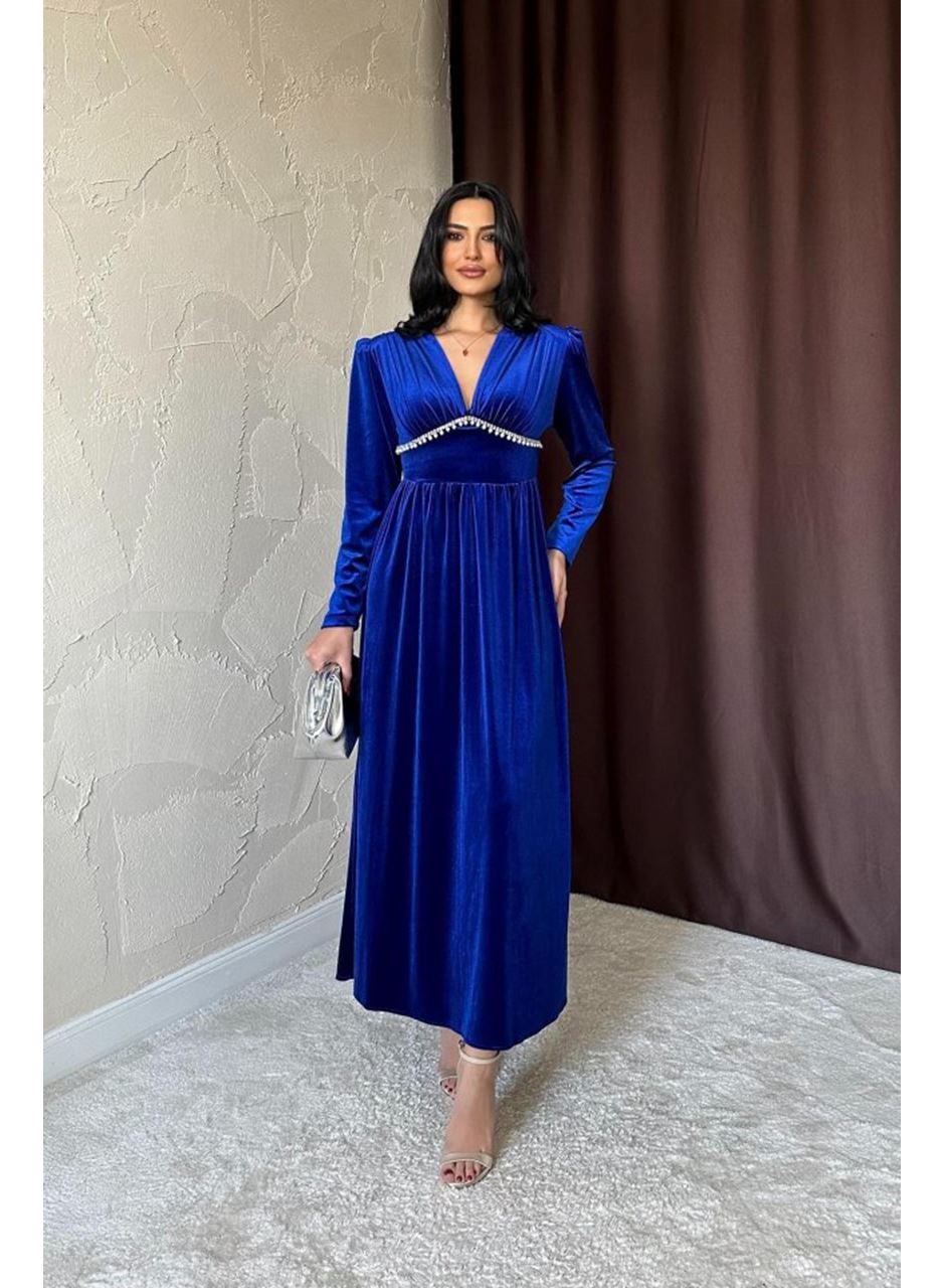 Saks Göğüs Altı Taşlı Elbise