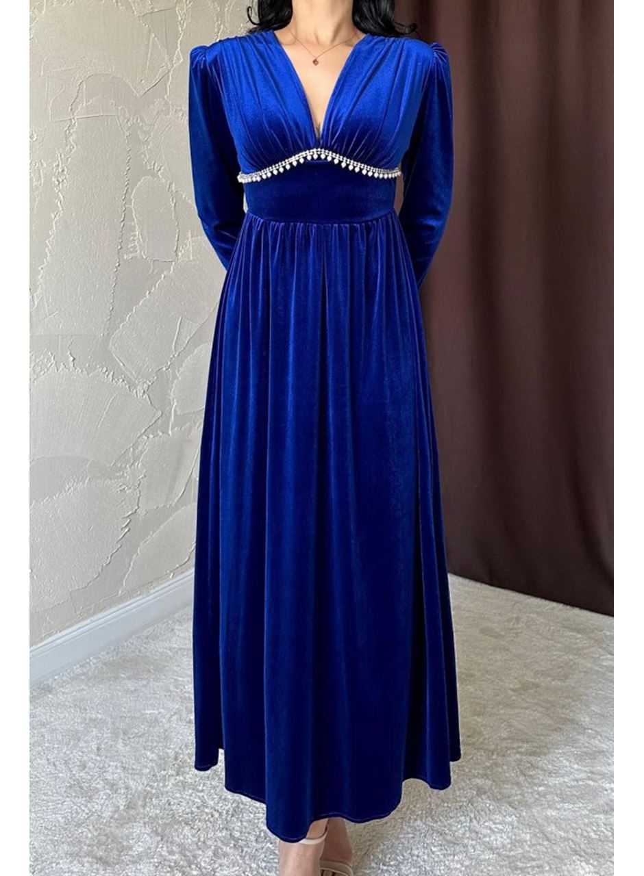 Saks Göğüs Altı Taşlı Elbise