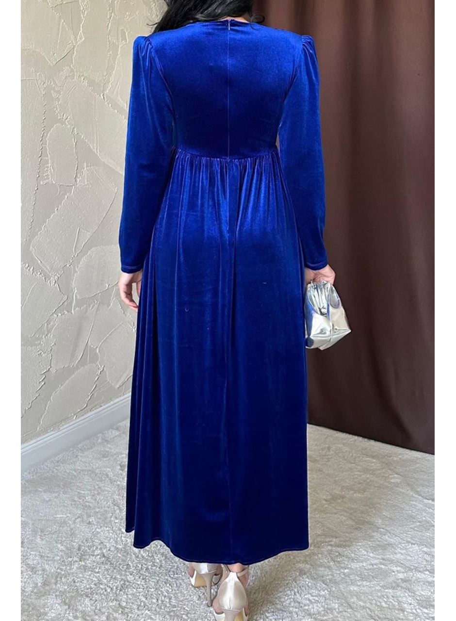 Saks Göğüs Altı Taşlı Elbise