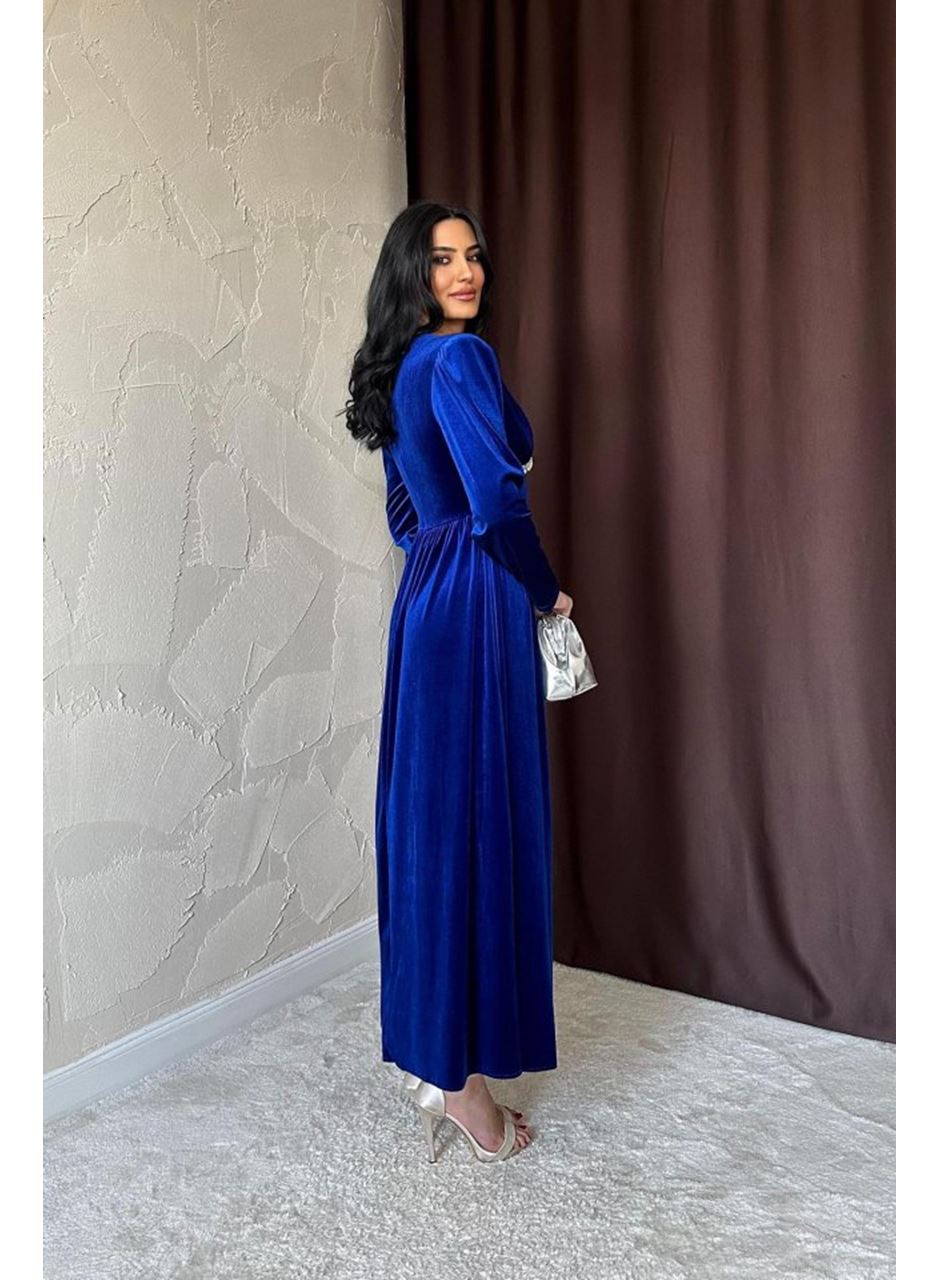 Saks Göğüs Altı Taşlı Elbise