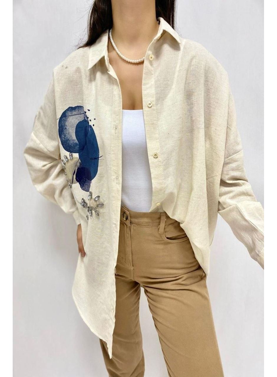 Bej Taş İşlemeli Keten Gömlek