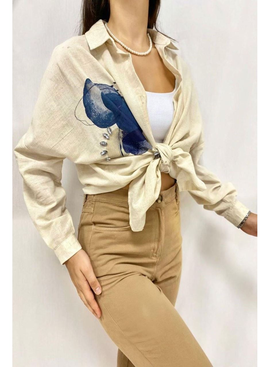 Bej Taş İşlemeli Keten Gömlek