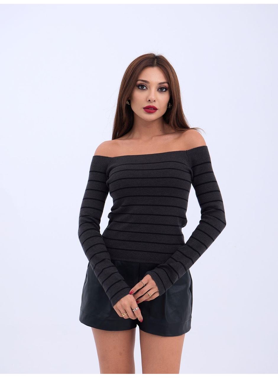 4206 TRİKO ÇİZGİLİ KAYIK YAKA CROP-ANTRASİT-SİYAH