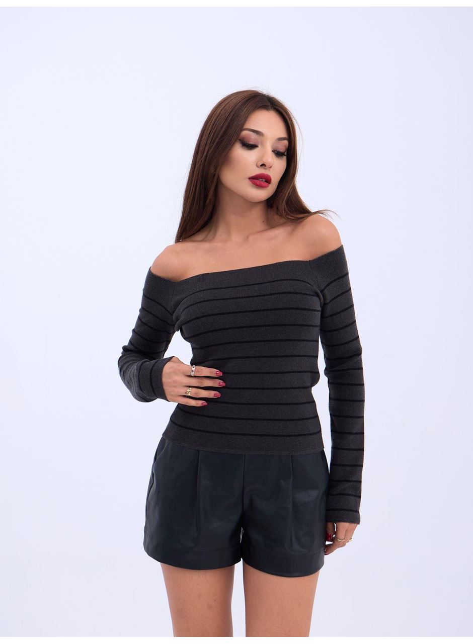 4206 TRİKO ÇİZGİLİ KAYIK YAKA CROP-ANTRASİT-SİYAH