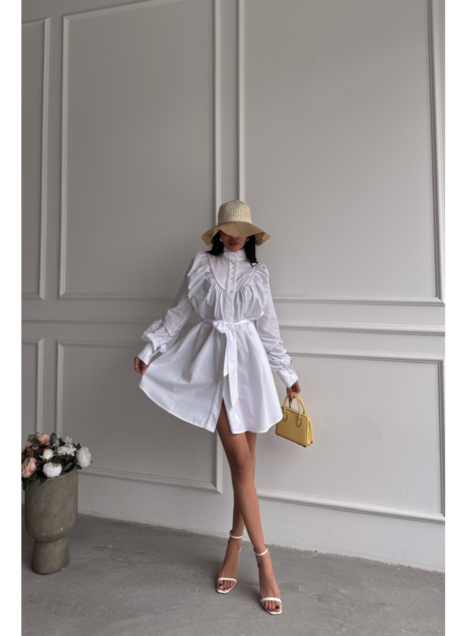 ÖNDEN DÜĞMELİ POPLİN KLOŞ ELBİSE BAĞLAMA KEMER DETAYLI - Beyaz