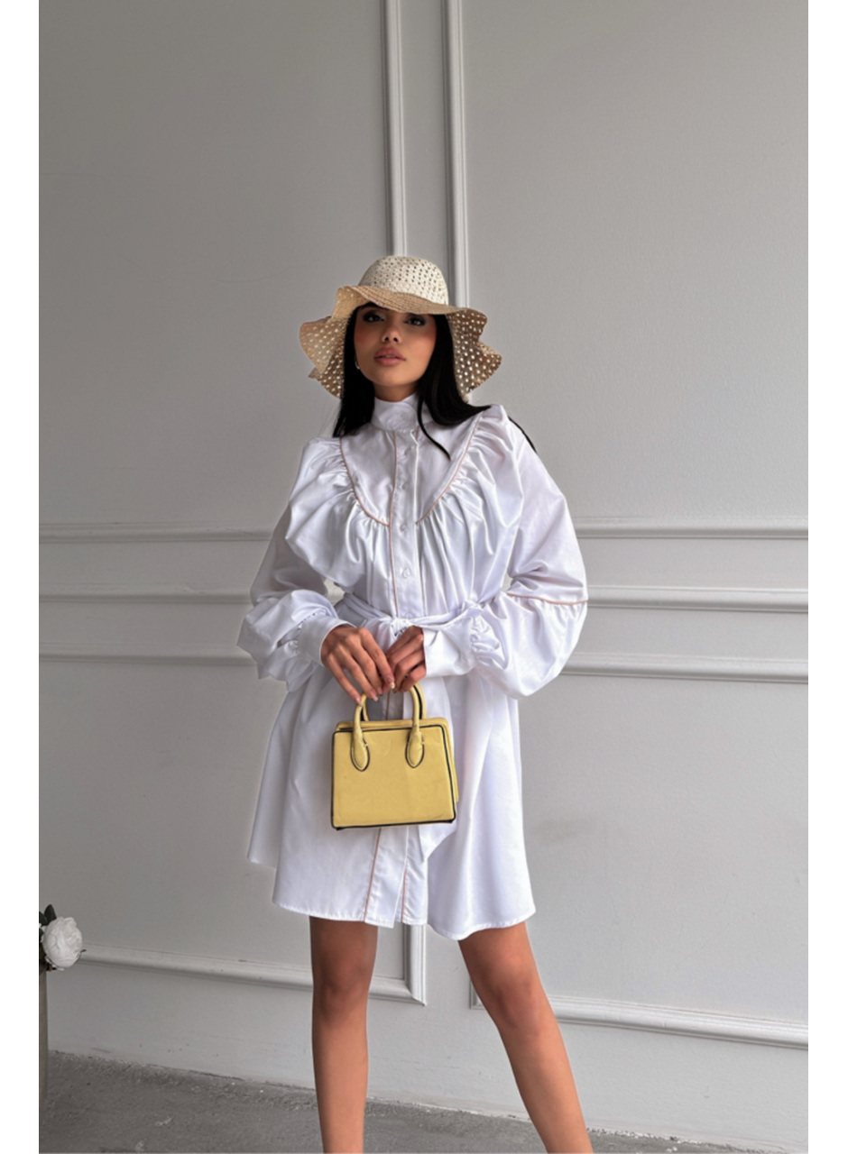 ÖNDEN DÜĞMELİ POPLİN KLOŞ ELBİSE BAĞLAMA KEMER DETAYLI - Beyaz