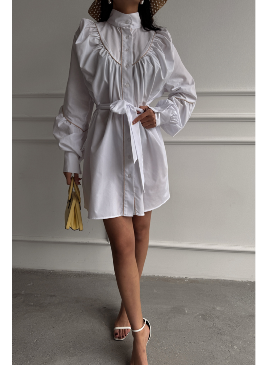 ÖNDEN DÜĞMELİ POPLİN KLOŞ ELBİSE BAĞLAMA KEMER DETAYLI - Beyaz