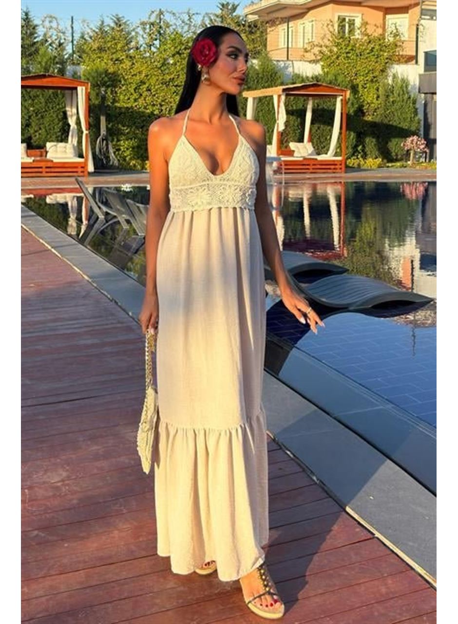 Göğsü Trikolu Keten Uzun Elbise 2904-08