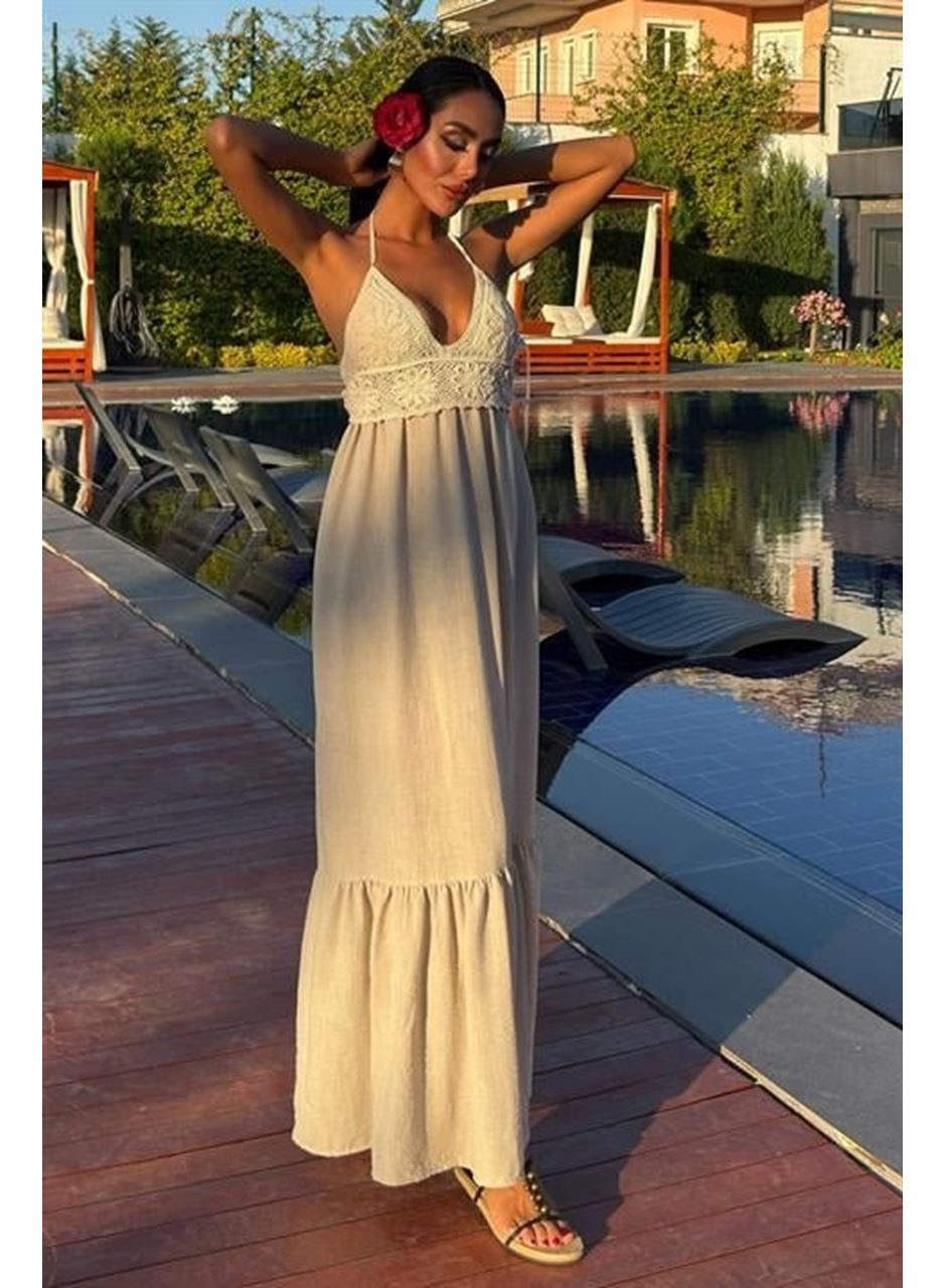 Göğsü Trikolu Keten Uzun Elbise 2904-08