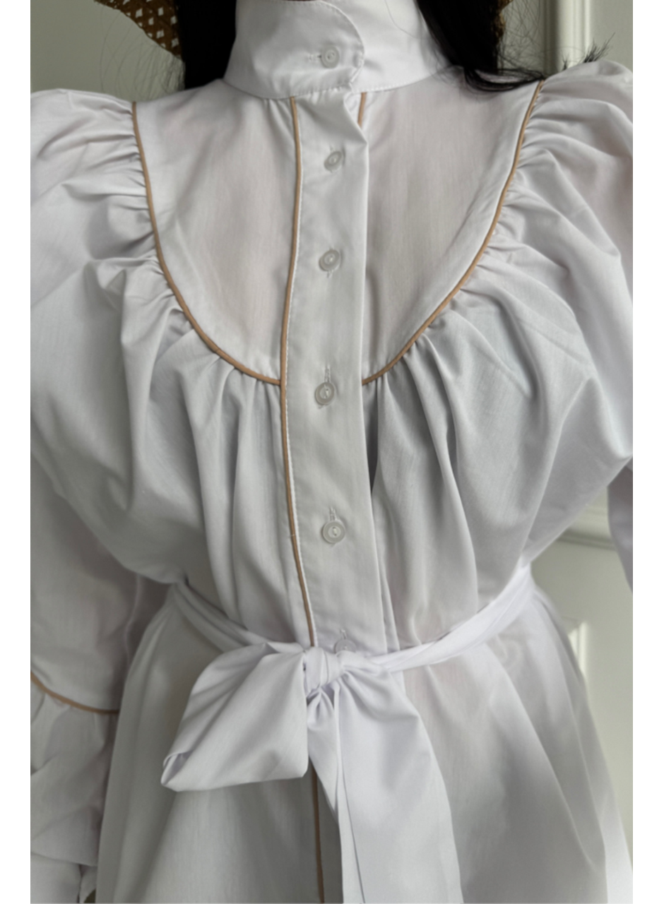 ÖNDEN DÜĞMELİ POPLİN KLOŞ ELBİSE BAĞLAMA KEMER DETAYLI - Beyaz