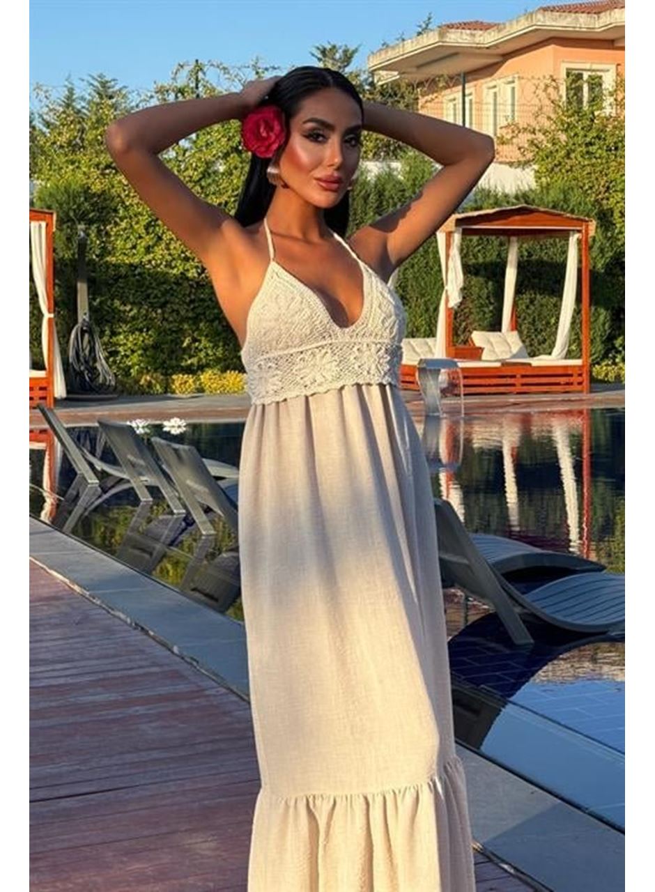 Göğsü Trikolu Keten Uzun Elbise 2904-08