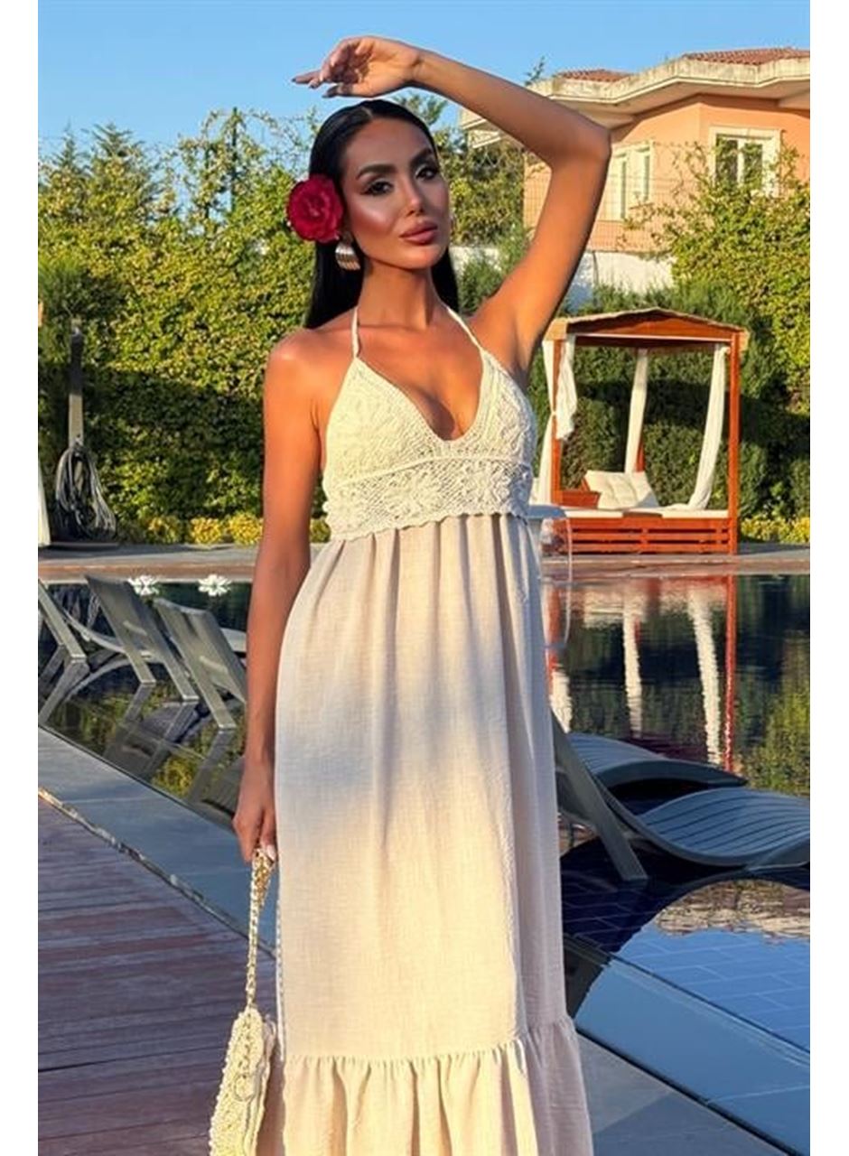 Göğsü Trikolu Keten Uzun Elbise 2904-08