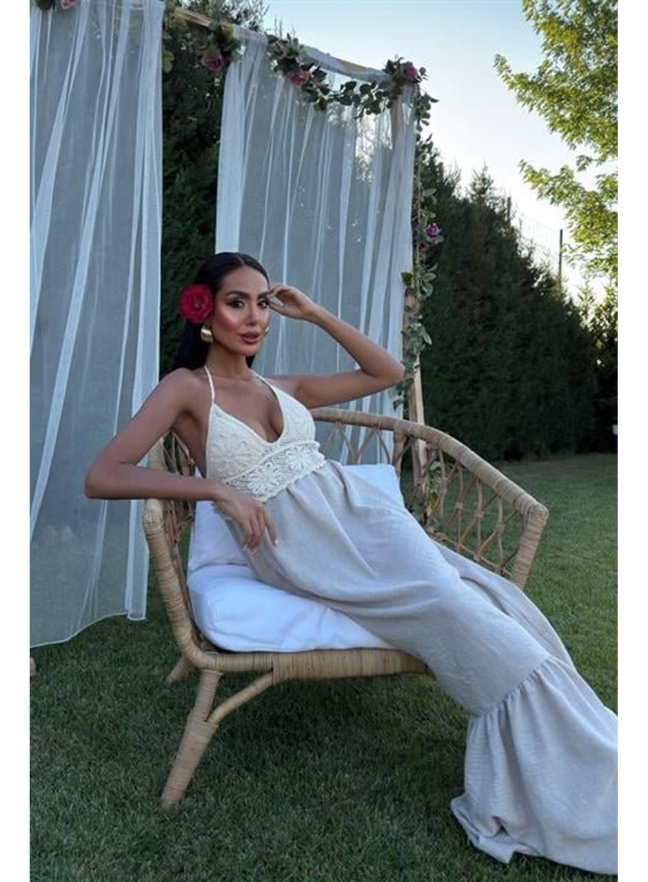 Göğsü Trikolu Keten Uzun Elbise 2904-08