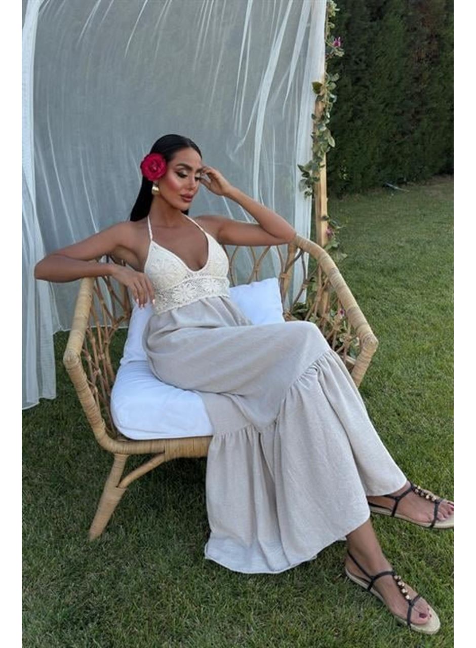 Göğsü Trikolu Keten Uzun Elbise 2904-08