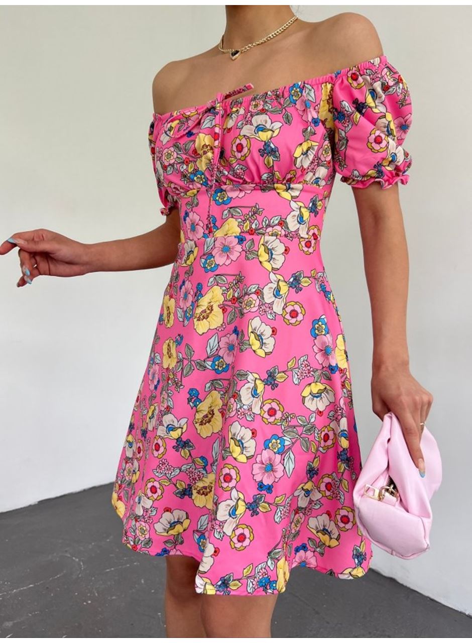 Yakası Lastikli Bağcık Detaylı Mini Elbise -Pembe