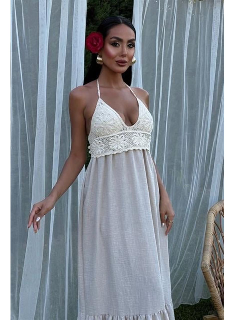 Göğsü Trikolu Keten Uzun Elbise 2904-08