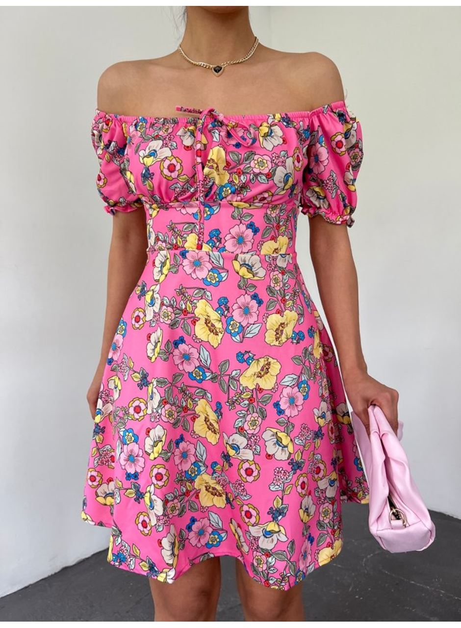 Yakası Lastikli Bağcık Detaylı Mini Elbise -Pembe