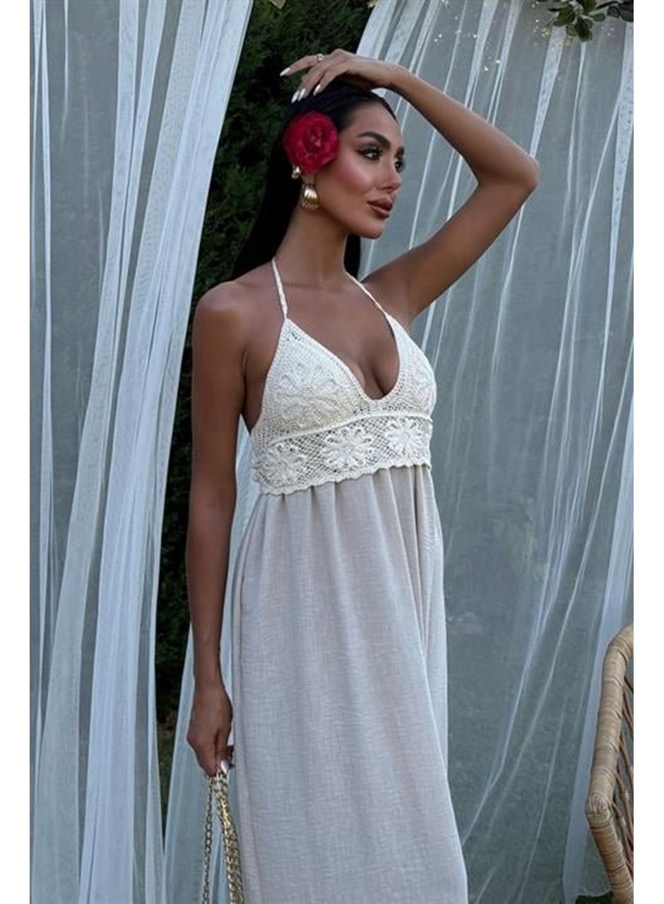 Göğsü Trikolu Keten Uzun Elbise 2904-08