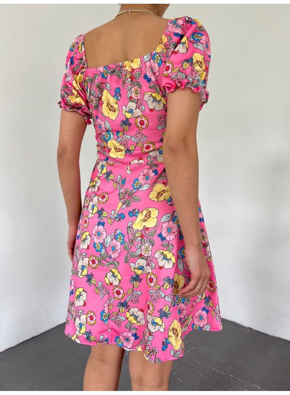 Yakası Lastikli Bağcık Detaylı Mini Elbise -Pembe