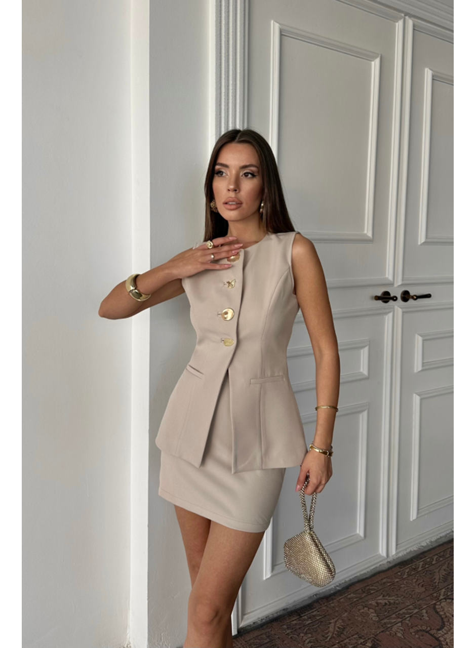 KLASİK GOLD DÜĞMELİ YELEK - KISA ETEK TAKIM - Bej