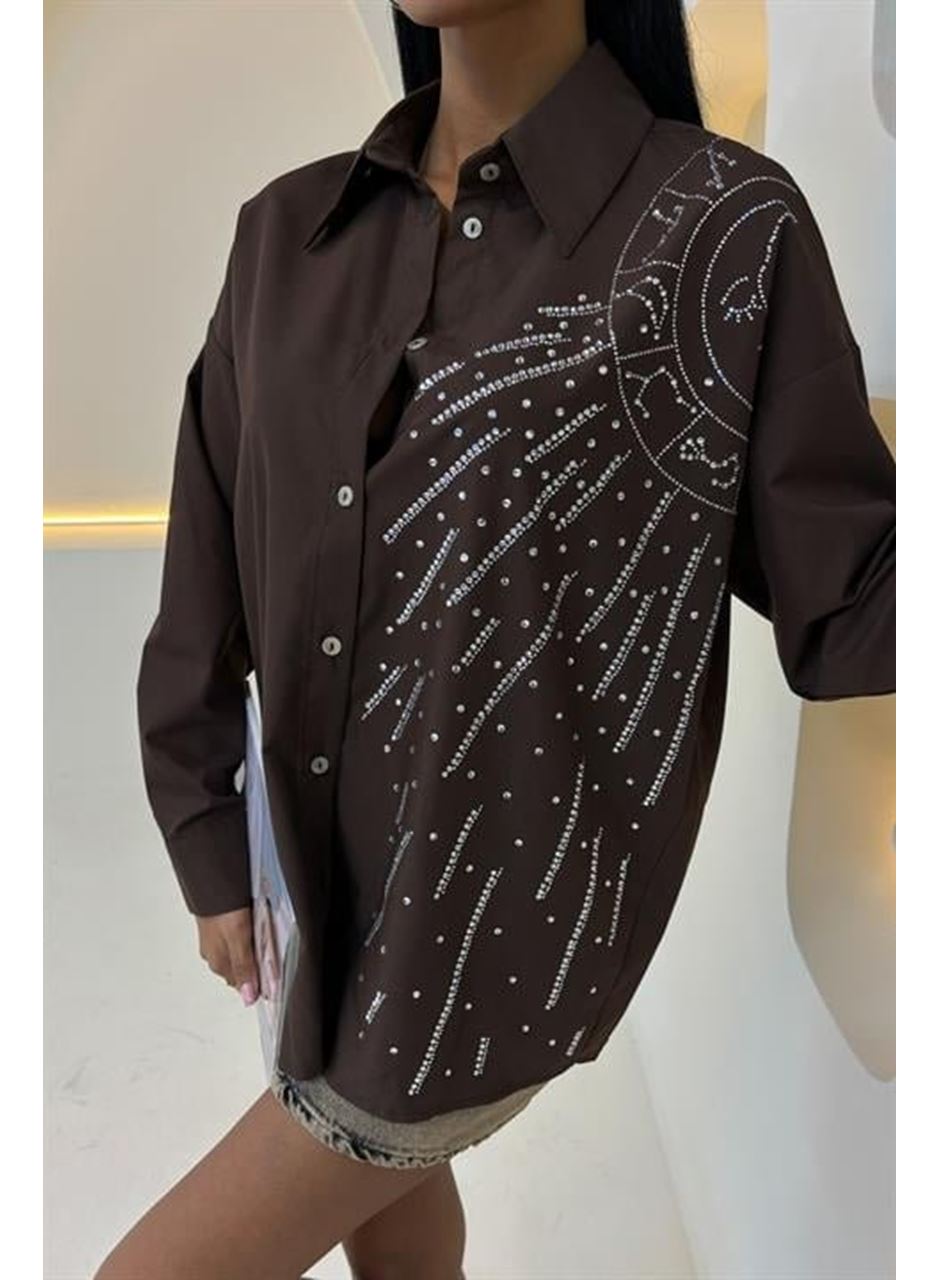 Ay Figürlü Taş İşlemeli Poplin Gömlek 3440