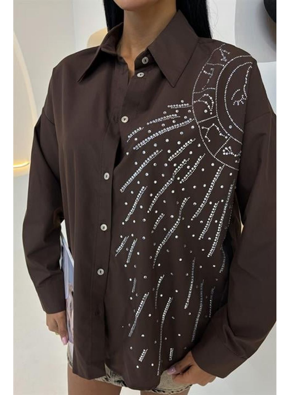 Ay Figürlü Taş İşlemeli Poplin Gömlek 3440