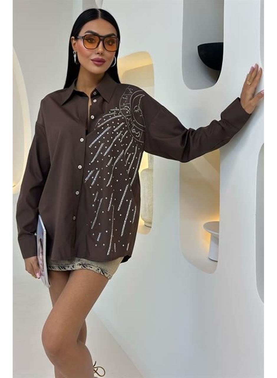 Ay Figürlü Taş İşlemeli Poplin Gömlek 3440