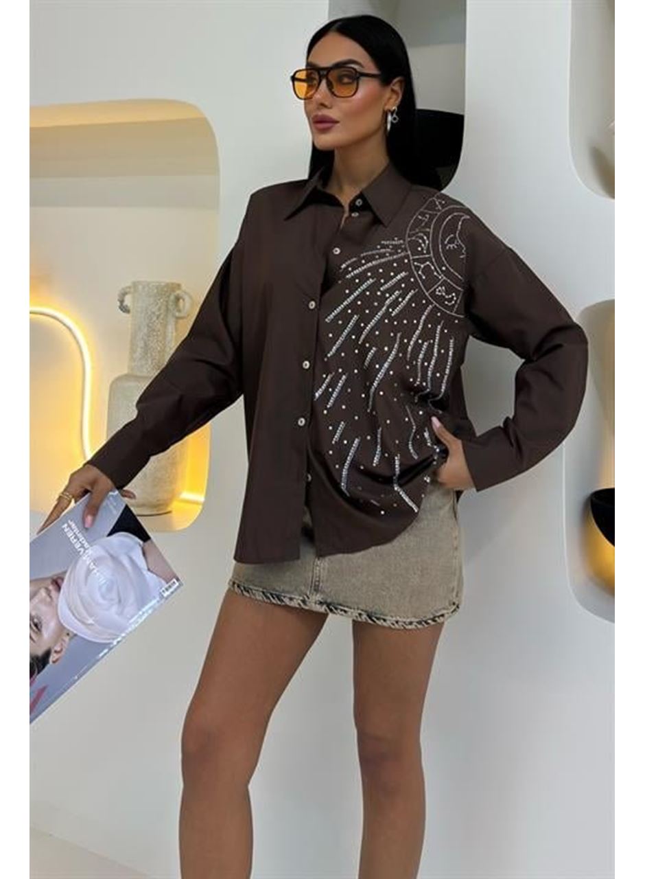 Ay Figürlü Taş İşlemeli Poplin Gömlek 3440