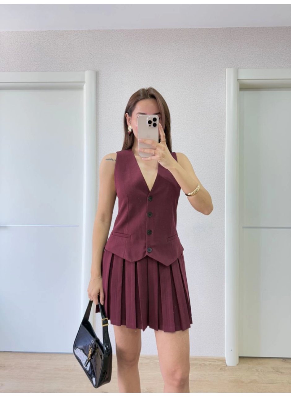 Takım Görünümlu Yelekli Mini Elbise- Bordo