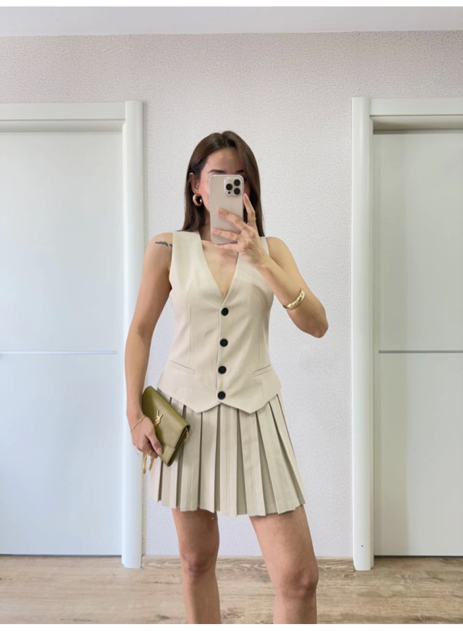 Takım Görünümlu Yelekli Mini Elbise- Bej