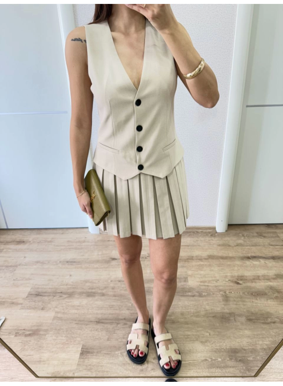 Takım Görünümlu Yelekli Mini Elbise- Bej