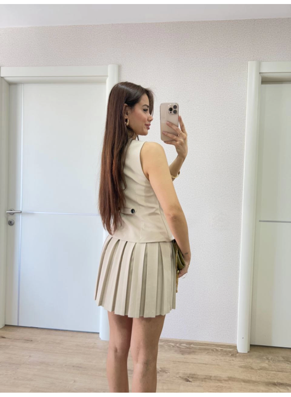 Takım Görünümlu Yelekli Mini Elbise- Bej