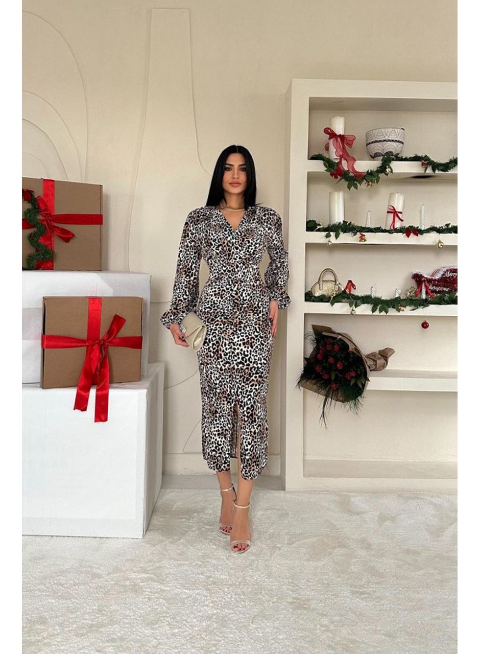 Leopar Önü Yırtmaçlı V Yaka Elbise