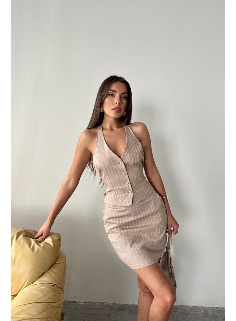 Bej Çizgili Yelek Ve Etek Takım