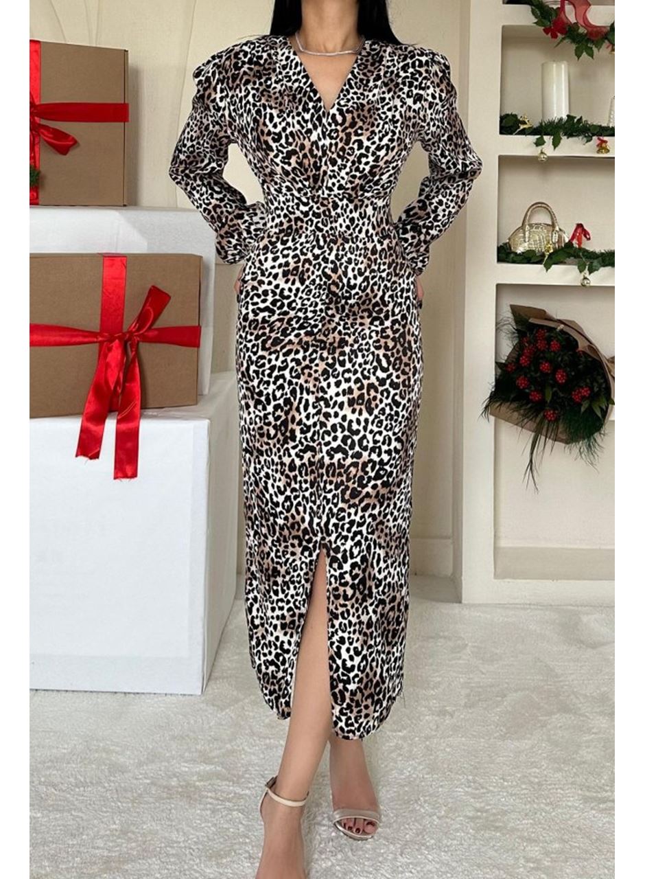 Leopar Önü Yırtmaçlı V Yaka Elbise