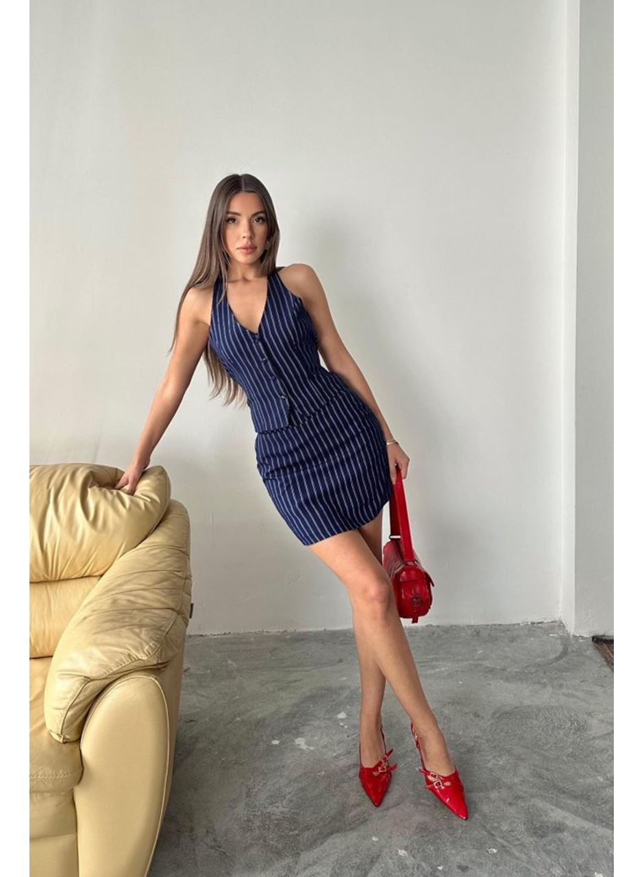 Lacivert Çizgili Yelek Ve Etek Takım