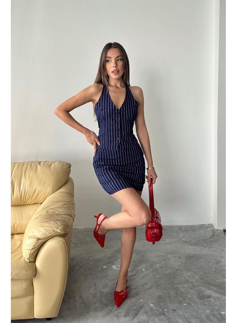 Lacivert Çizgili Yelek Ve Etek Takım
