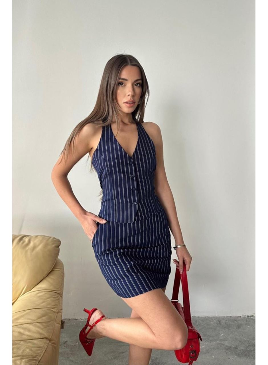 Lacivert Çizgili Yelek Ve Etek Takım