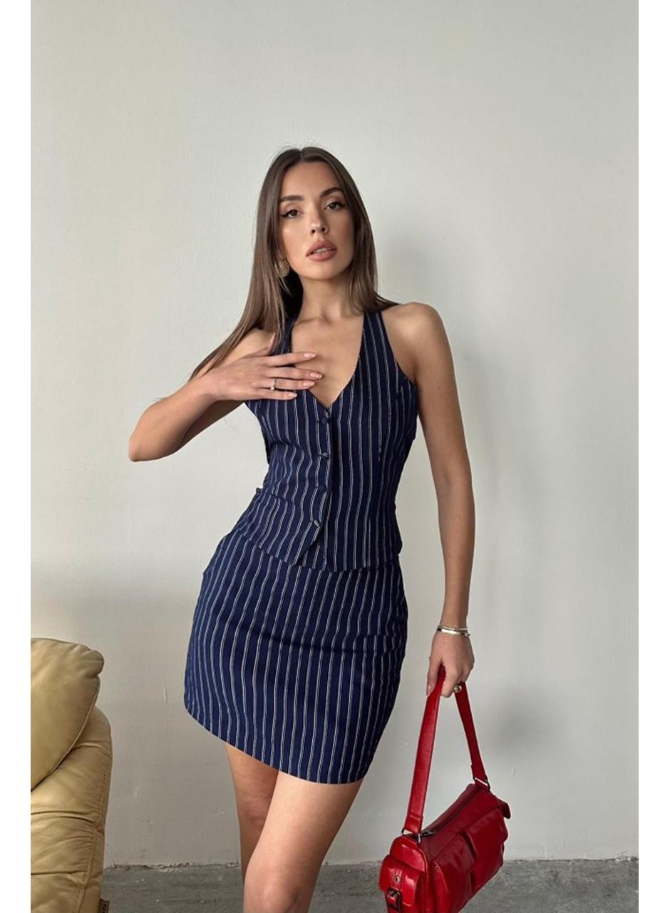 Lacivert Çizgili Yelek Ve Etek Takım