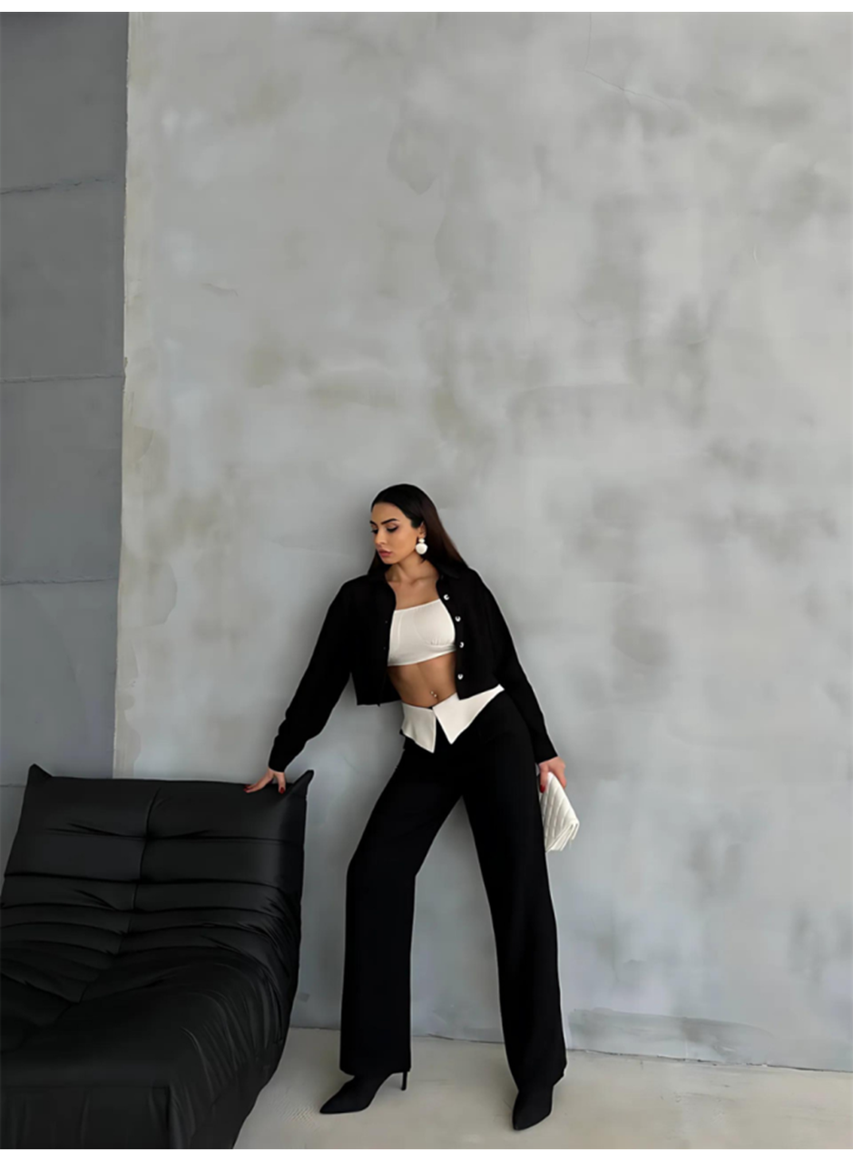 KETEN GÖMLEK-CROP-SALAŞ PANTOLON TAKIM - Siyah