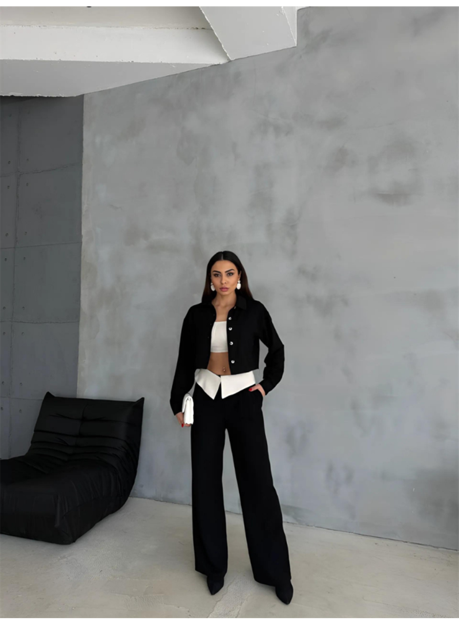 KETEN GÖMLEK-CROP-SALAŞ PANTOLON TAKIM - Siyah