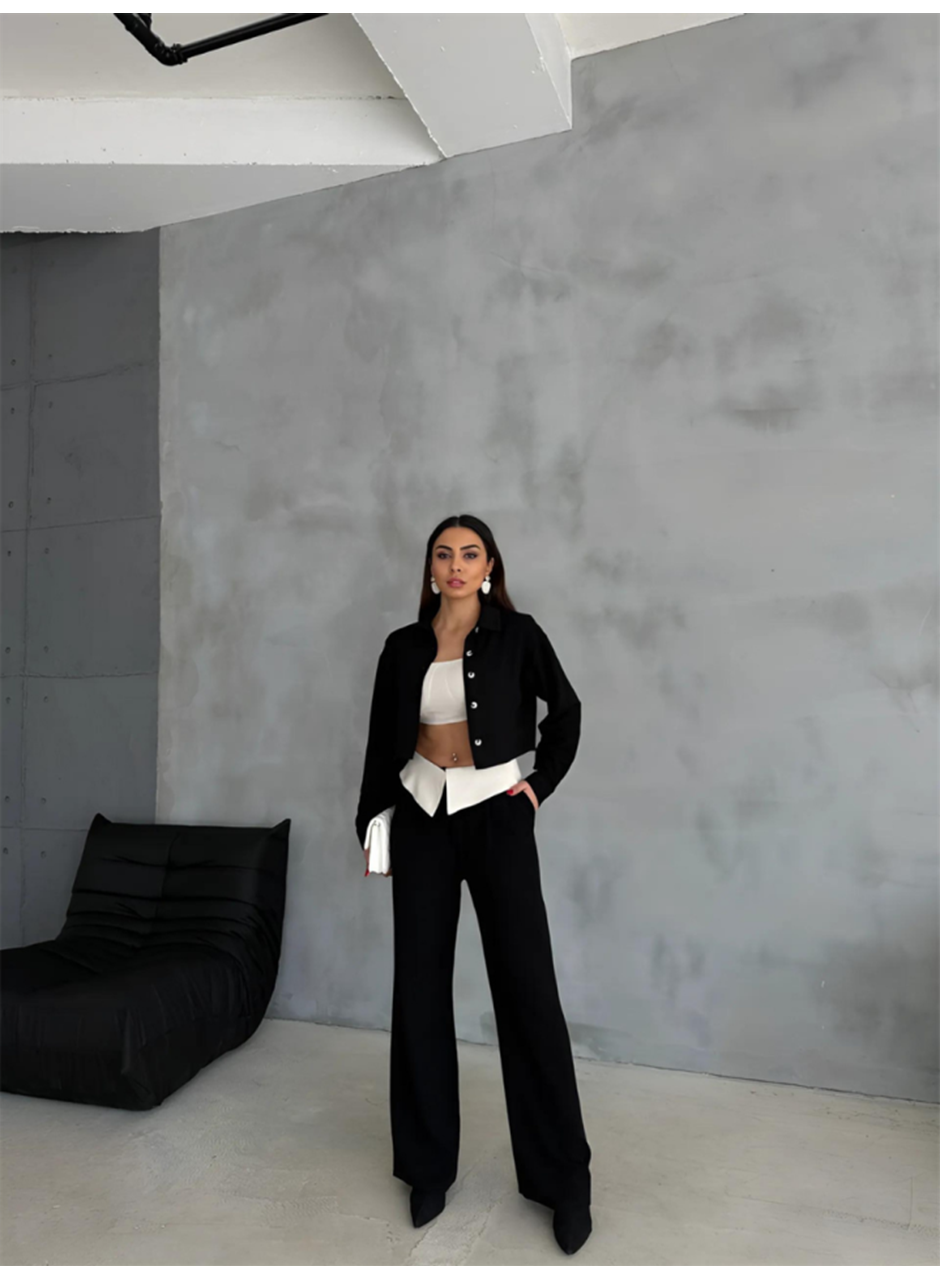 KETEN GÖMLEK-CROP-SALAŞ PANTOLON TAKIM - Siyah