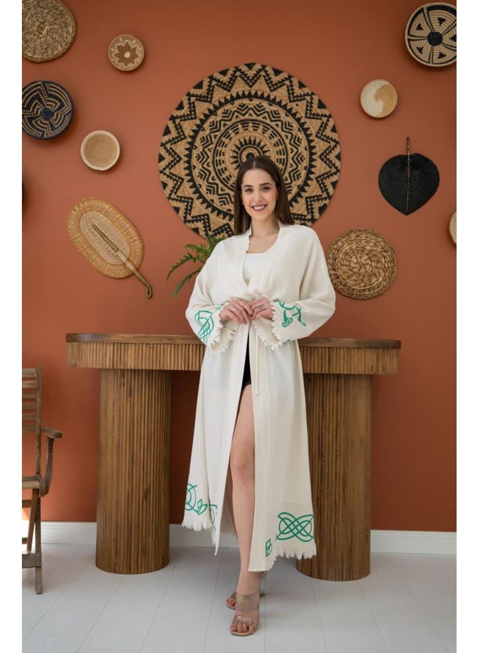 Yeşil Baskı Detay Keten Hırka