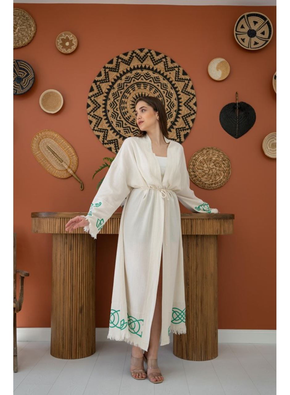 Yeşil Baskı Detay Keten Hırka