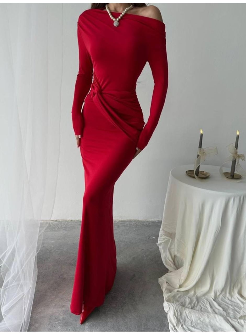 Kayık Yaka Uzun Kurdele Elbise