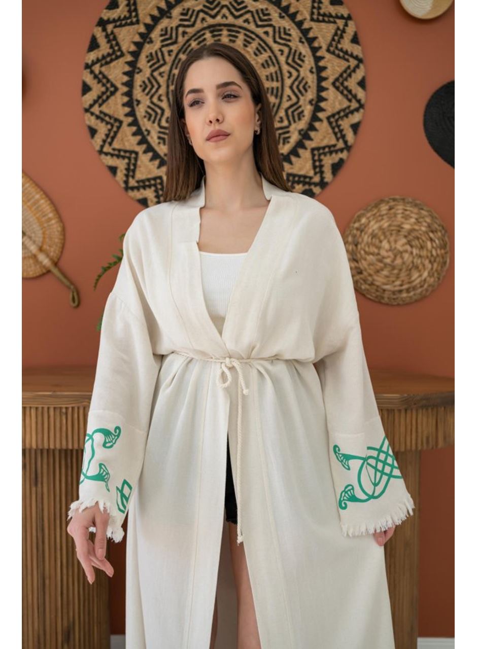 Yeşil Baskı Detay Keten Hırka