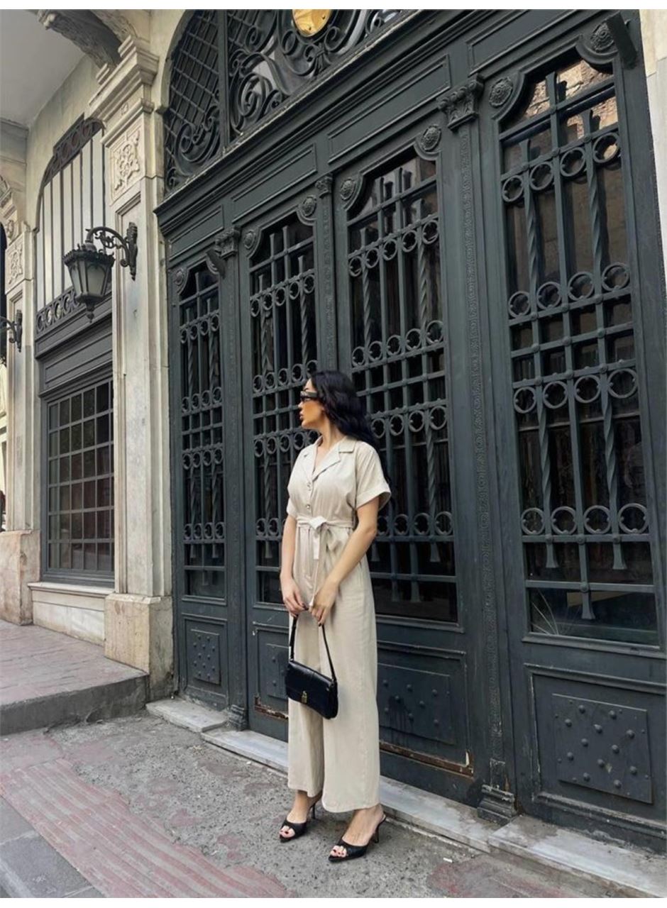 KETEN TULUM BEL BAĞLAMA DETAYLI - Krem