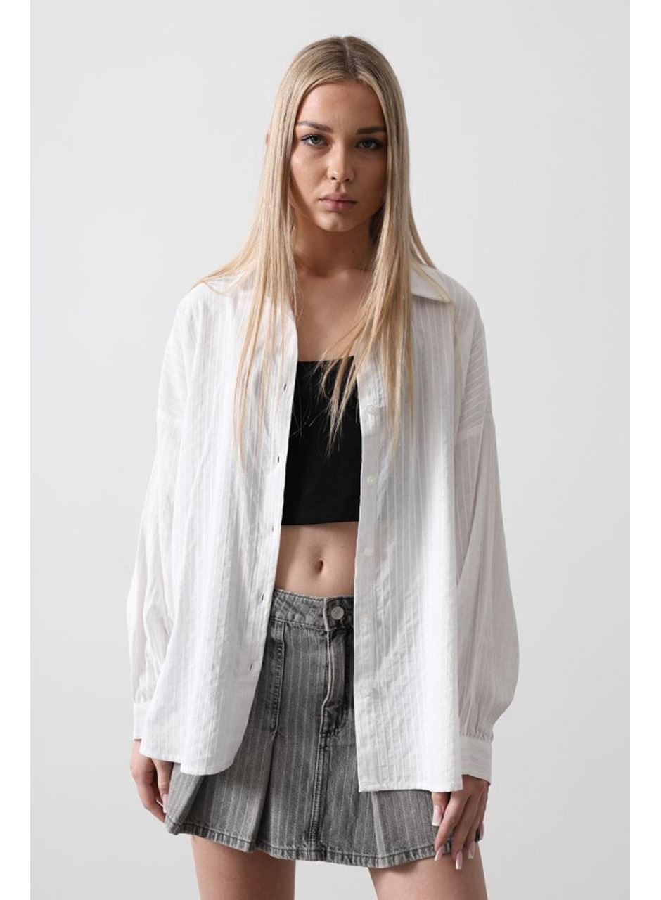 Çizgili Uzun Kol Gömlek - Beyaz