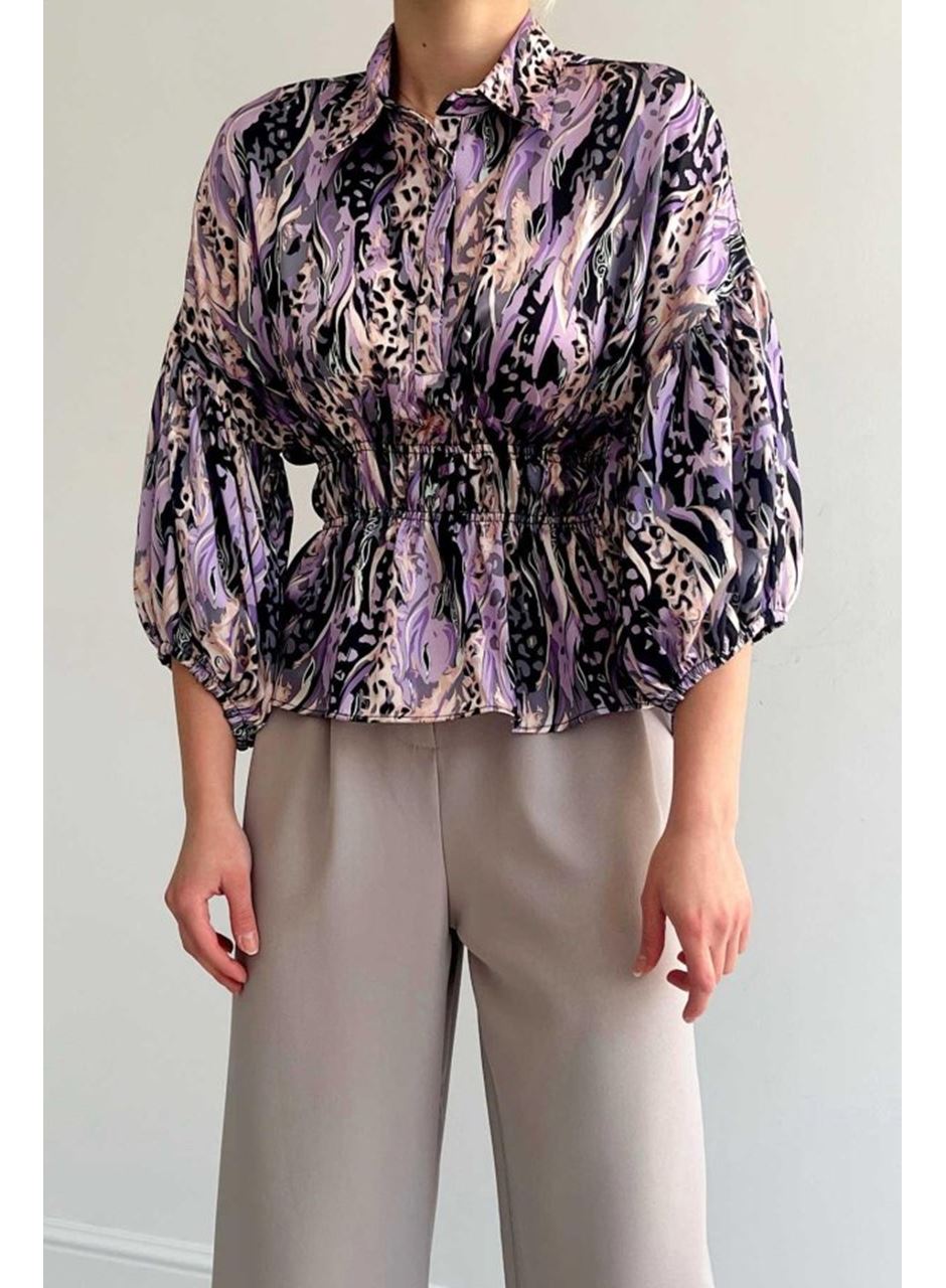 Beli Lastikli Saten Gömlek - Lila